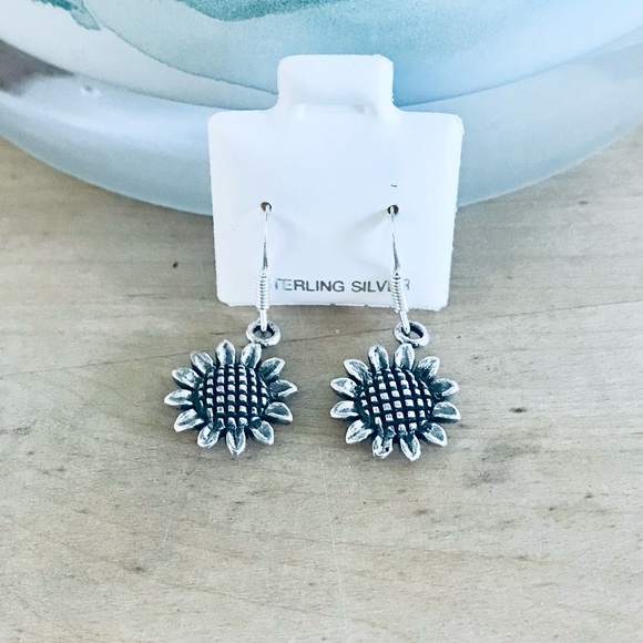 Sterling Silver Dangling Sunflower Earrings, Silver Earring, Flower Earrings - Picture 3 of 8